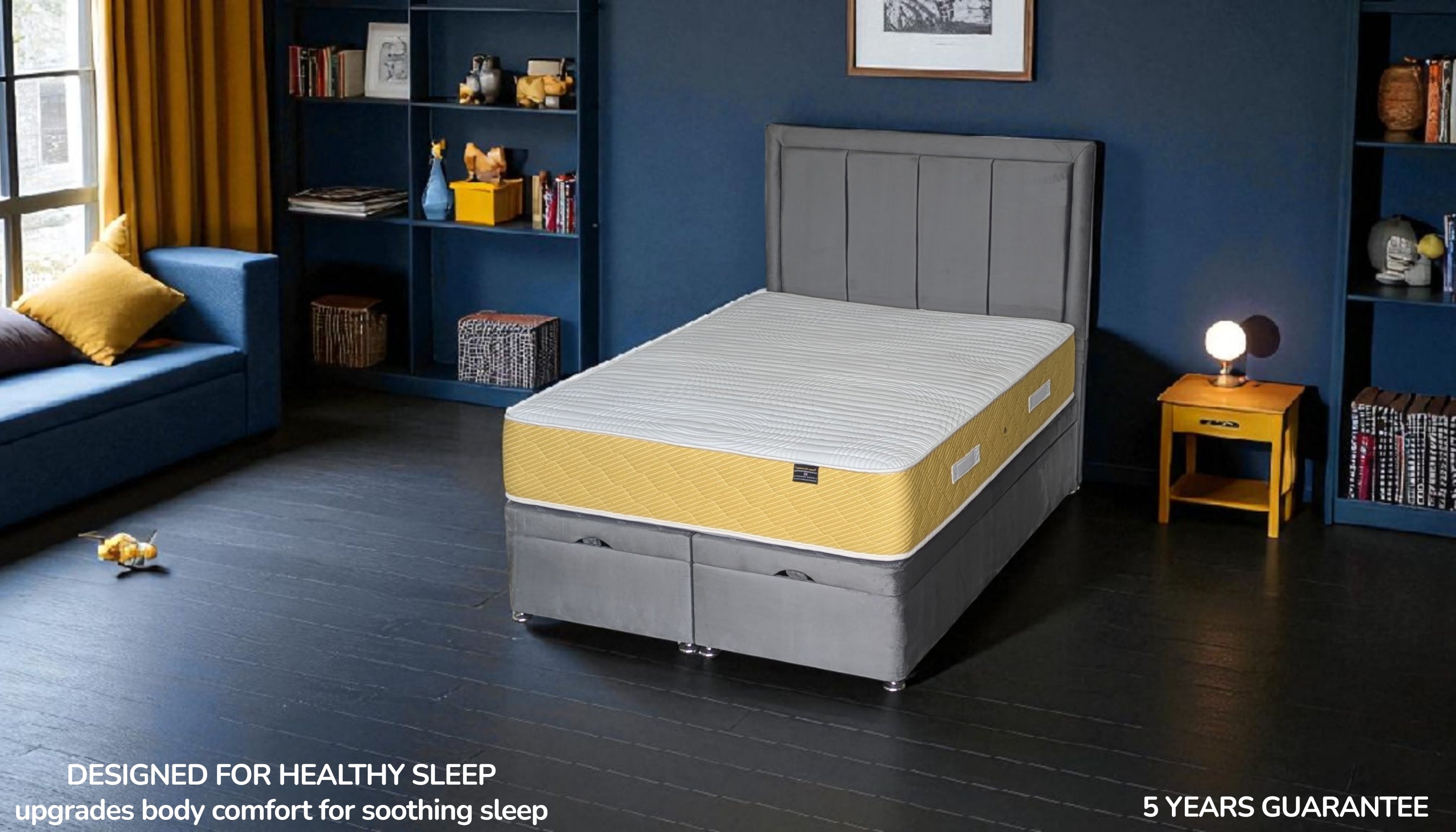 MOON organic kids mattress showing 5 key benefits including cooling technology and hypoallergenic properties