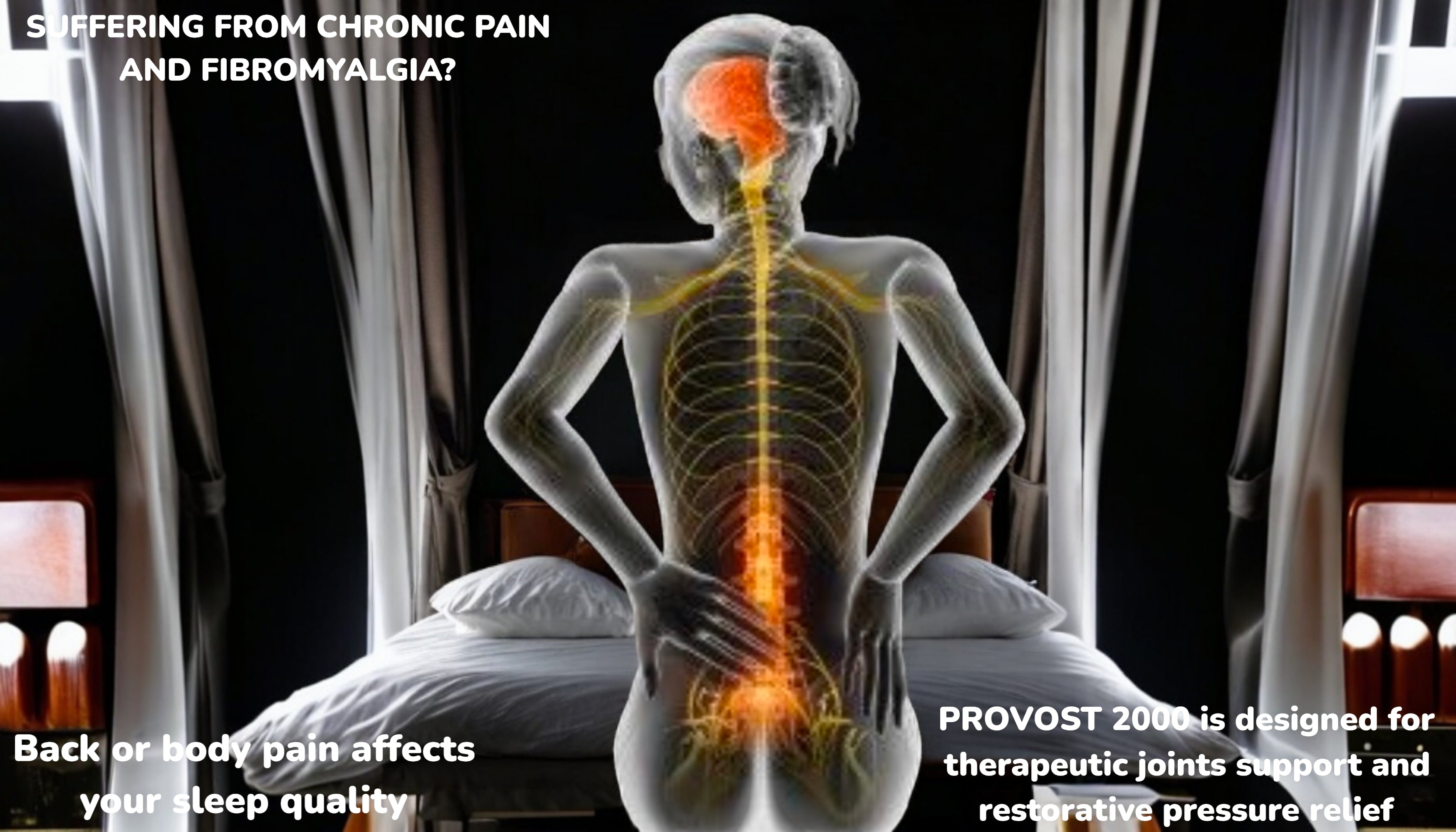 Human body diagram shows back and joints for pain fibromyalgia relief on PROVOST 2000 pillow top mattress construction