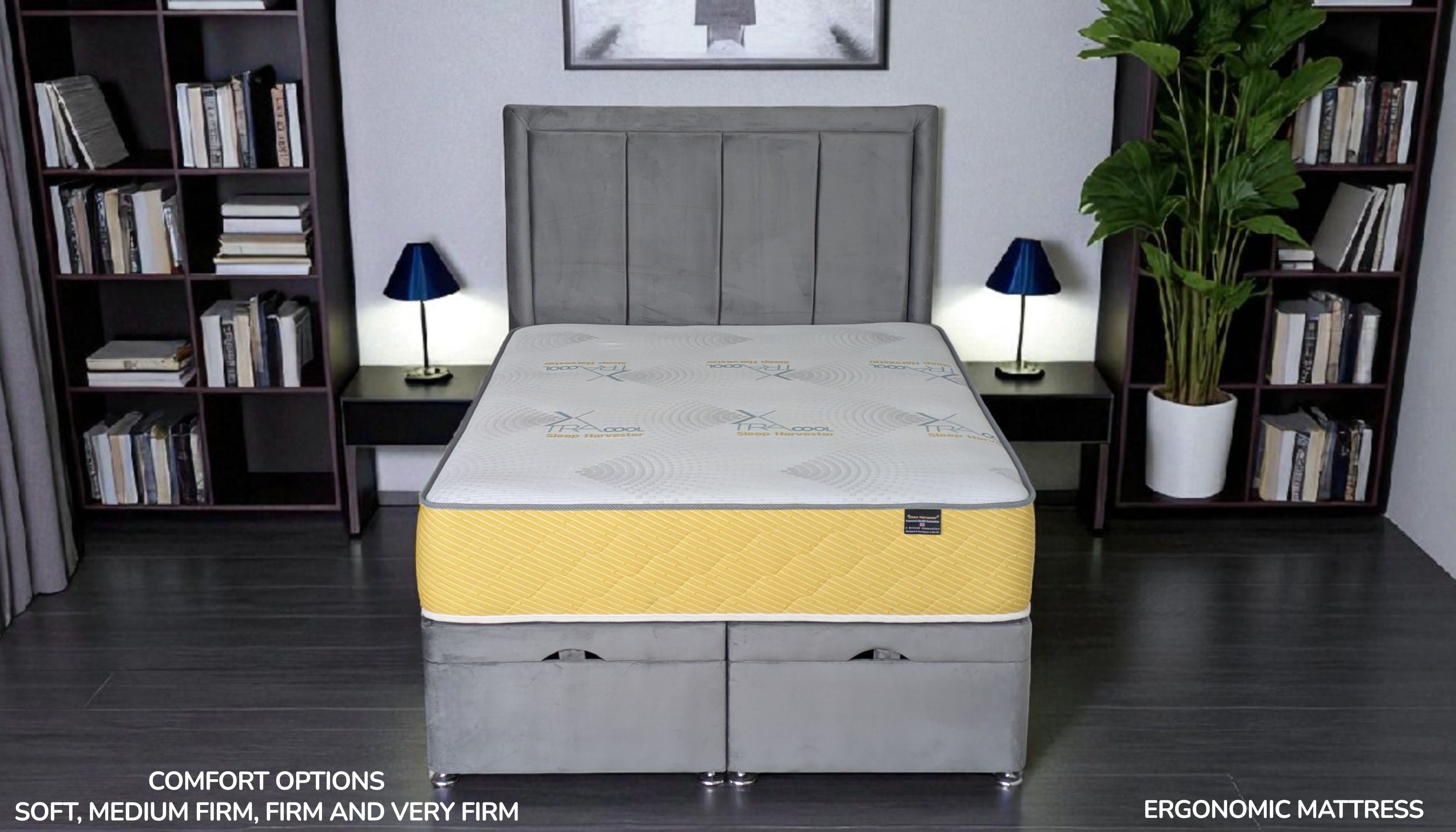 RECTOR 2000 XTRACOOL hybrid mattress front view showing comfort options: soft, medium firm, firm and very firm for personalized sleep