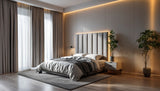 MARLYN luxury 7-panel upholstered headboard in neutral fabric showing vertical panel design