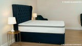 White mattress with grey ribbon border featuring a 5-year guarantee and recyclable components.