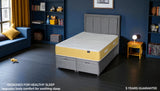 MOON organic kids mattress showing 5 key benefits including cooling technology and hypoallergenic properties