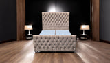 RANA brown upholstered ottoman bed front view highlighting elegant headboard and footboard design