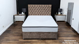 RANA brown ottoman storage bed front view showing elegant upholstered headboard and footboard