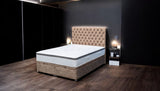 RANA brown ottoman bed angled front-left view displaying upholstered design and minimalist style