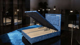 Side view of CALORIS end opening ottoman bed showing upholstered fabric profile and storage access