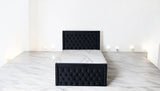 ELIZA black upholstered ottoman storage bed full view with mattress showcasing fabric finish and modern design