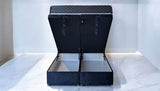 ELIZA black ottoman bed side profile view showing end lift mechanism and upholstered fabric frame