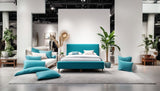 SAMANTHA luxury minimalist headboard in blue upholstery, floor standing design 