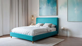 Side view of SAMANTHA minimalist headboard showing 137cm depth and elegant floor standing profile
